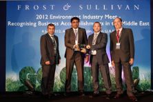 ACWA Emirates Director and General Manager, Gary Jackson (second from right) receives the award from Y. S. Shashidhar of Frost & Sullivan International, flanked left by Raied El Shanti ACWA's Chief Officer, Corporate Sales and Strategy and right Luis Fernandez ACWA Emirates Chief Officer Concessions for the MENA region.